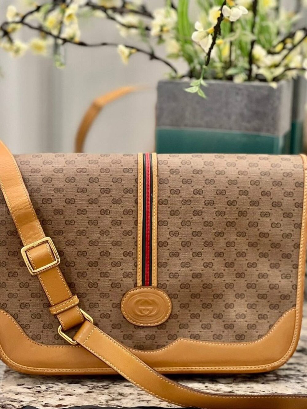 Vintage Gucci GG Monogram Canvas Web Stripe Crossbody Shoulder Bag Tan Leather I